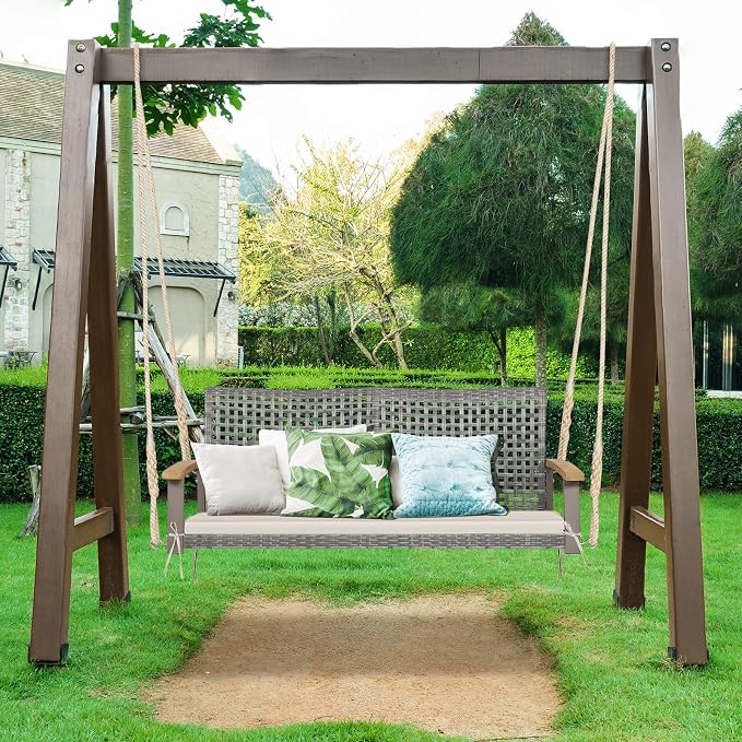 Happygrill 2-Person Patio Porch Swing Chair, Outdoor Rattan Swing Bench - Image 3