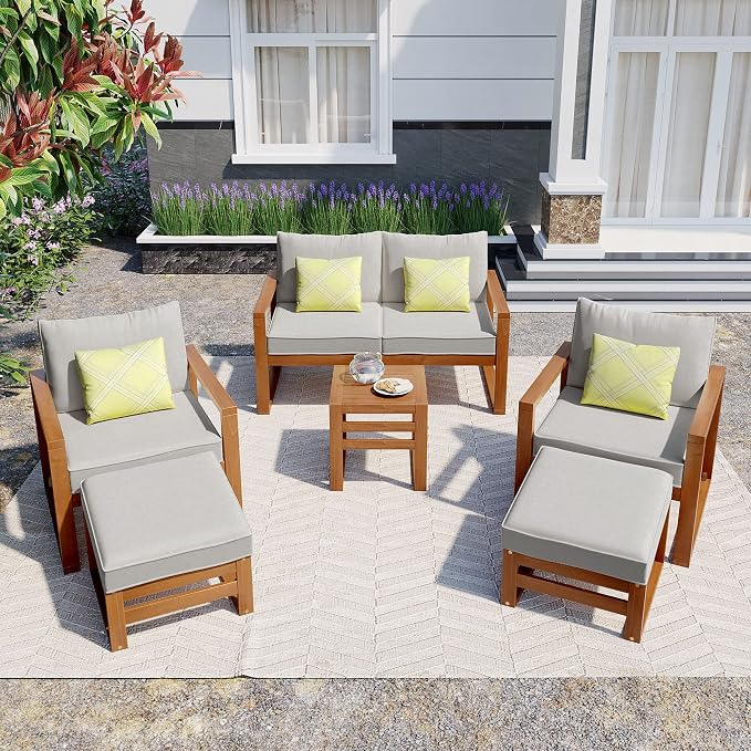 Outdoor Acacia Wood 6-Piece Conversation, Sectional Garden Seating Groups Chat by Hlcodca