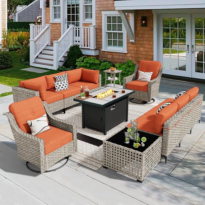 11 Pieces Outdoor Patio Furniture Set, Rattan Wicker Sectional Swivel Rocker by CAODOCPatioFurniture
