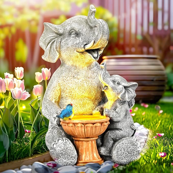 GIGALUMI Solar Garden Statues Bird Bath Elephant 9", Loving Elephant Decor by GIGALUMI