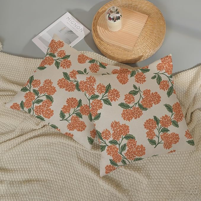 Fall Burnt Orange Pillow Covers 18x18 Inch 2 Pcs Green Hydrangea Flower Decor - Image 5