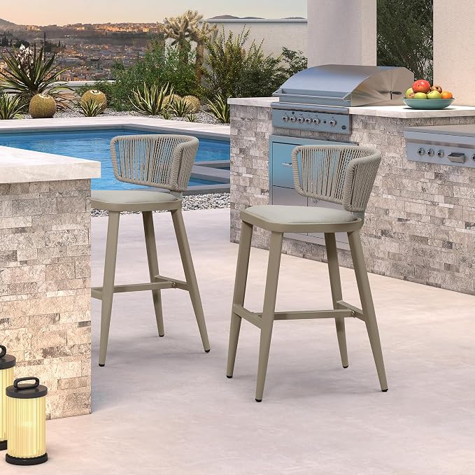 PURPLE LEAF Outdoor Bar Height Stool Set of 2 Modern Rattan Bar Chairs by PURPLELEAF