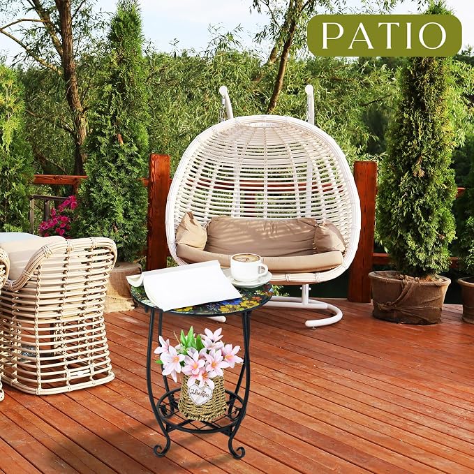 Outdoor Side Table Round Small Mosaic Patio Accent Indoor End Plant Coffee Tea - Image 4