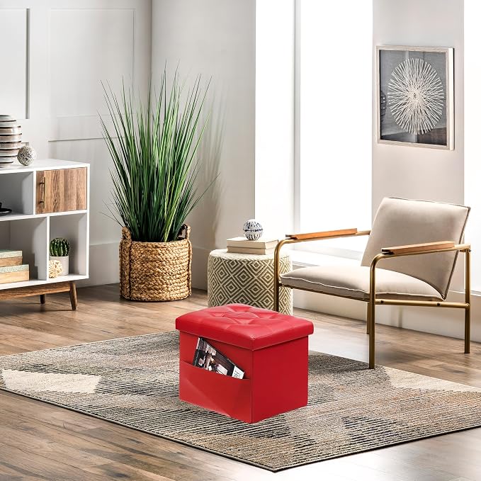 AmasSmile Red Storage Ottoman Folding Foot Rest Stool - Image 4