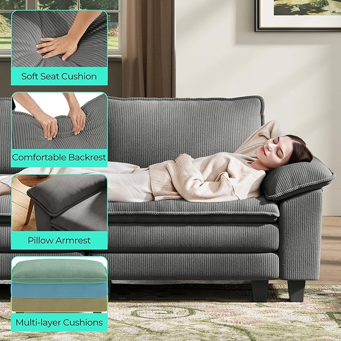 LINSY HOME 123'' Modular Sectional Sofa Grey Couch Corduroy Cloud Couches - Image 4