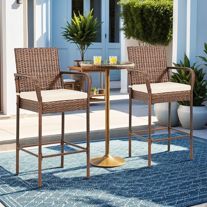 ECOTOUGE Patio Wicker Barstools Set of 2, Outdoor Rattan Bar Height Chairs - Image 7