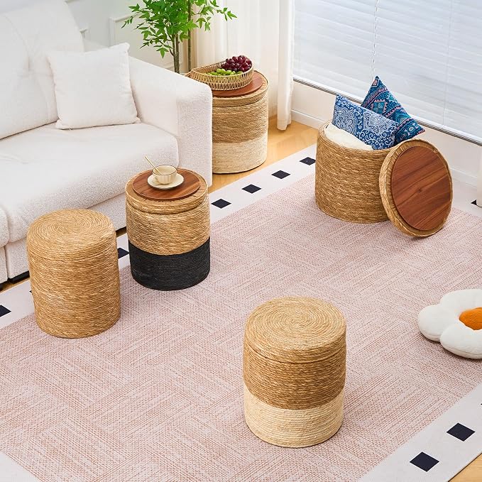Wimarsbon Round Pouf Ottomans, Handwoven Natural Water Hyacinth Seagrass Pouffe - Image 7