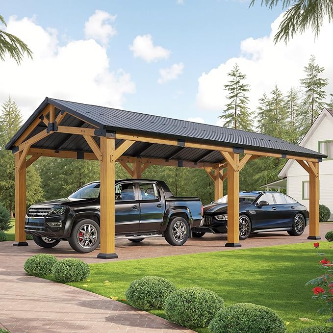 Jocisland 12x24x9.5 FT Cedar Wood Hardtop Carport by Jocisland