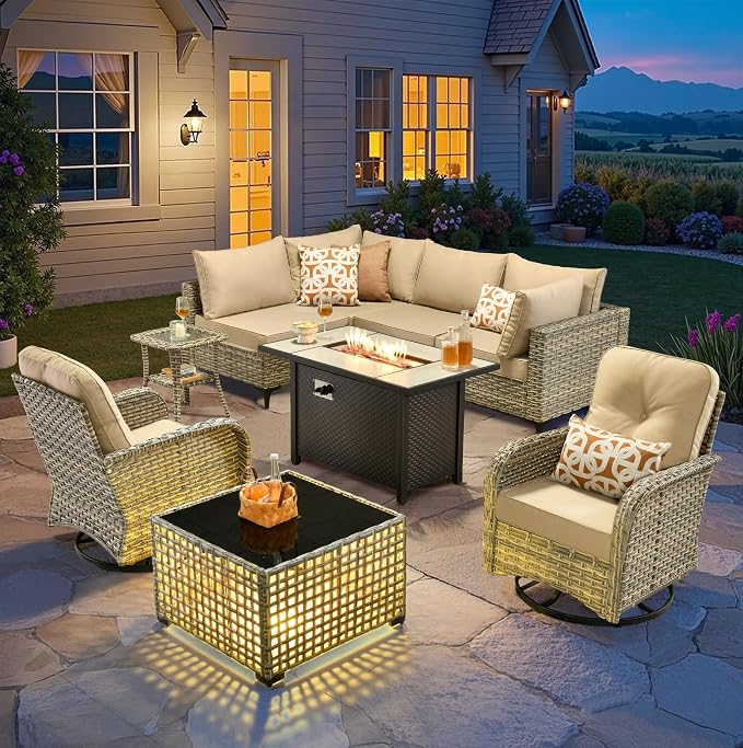 9-Piece Outdoor Sectional Sofa Set w/ 42" Fire Pit – L-Shaped Wicker Patio by CAODOCPatioFurniture