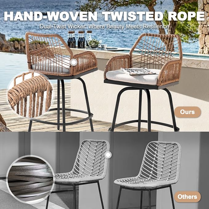 NUU GARDEN 3-Piece Patio Bar Set, All Weather Rattan Swivel Stools 360 Degree - Image 8