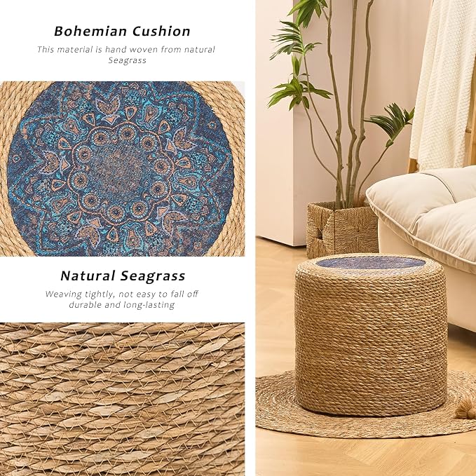 Handwoven Ottoman Pouf, Natural Seagrass Footstool, Round Braided Outdoor Seat - Image 4