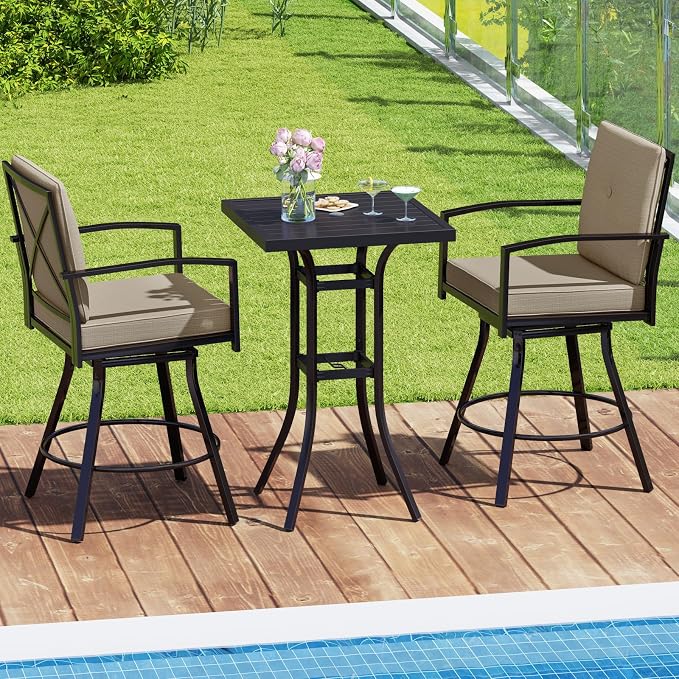 Tangkula 3 Pieces Patio Swivel Bar Set, Outdoor Metal Bar Table and Chairs Set - Image 3
