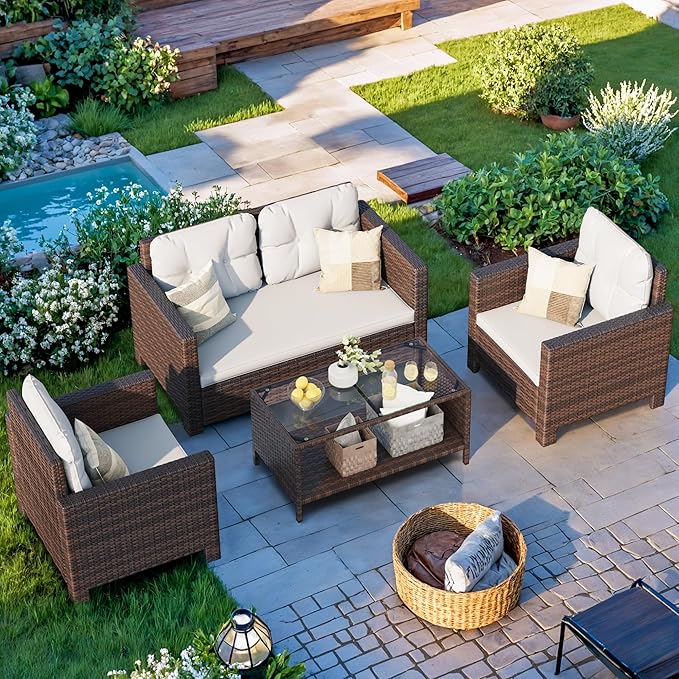Homall 4 Pieces Patio Furniture Sets Rattan Chair Wicker Conversation Sofa Set - Image 7