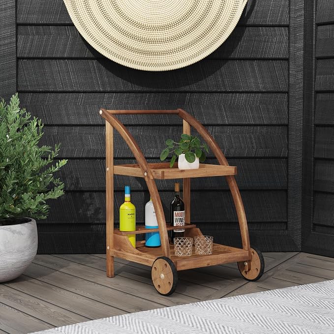 Linon Chandler Acorn Finished Acacia Wood Outdoor Bar Trolley - Image 4