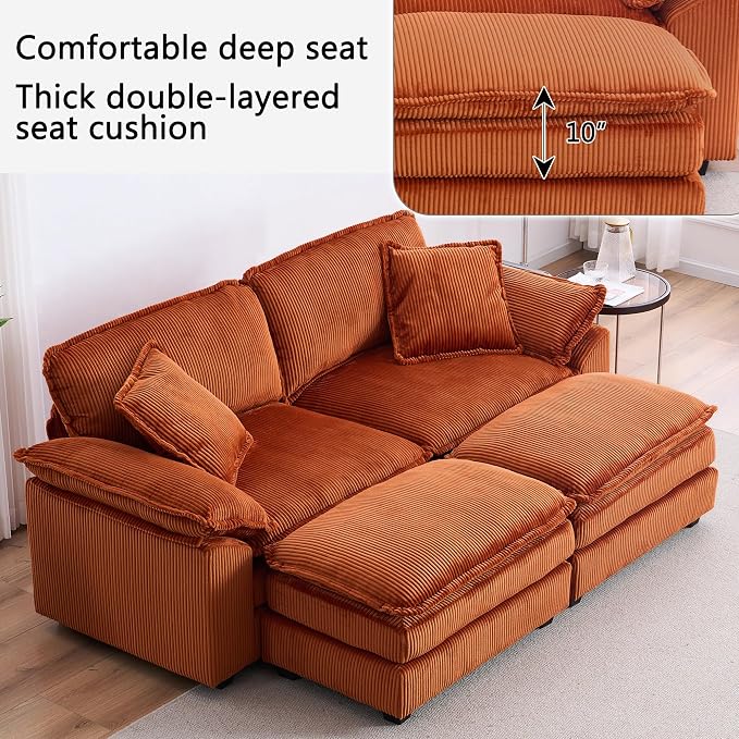 84.6” Corduroy Loveseat with Ottoman, Oversized Double Chaise Lounge Chair - Image 6