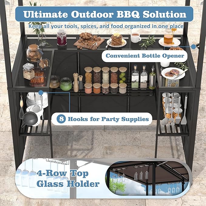 Outdoor Grill Gazebo with Patio Bar Set, Double-Tier BBQ Shelter with Side - Image 3
