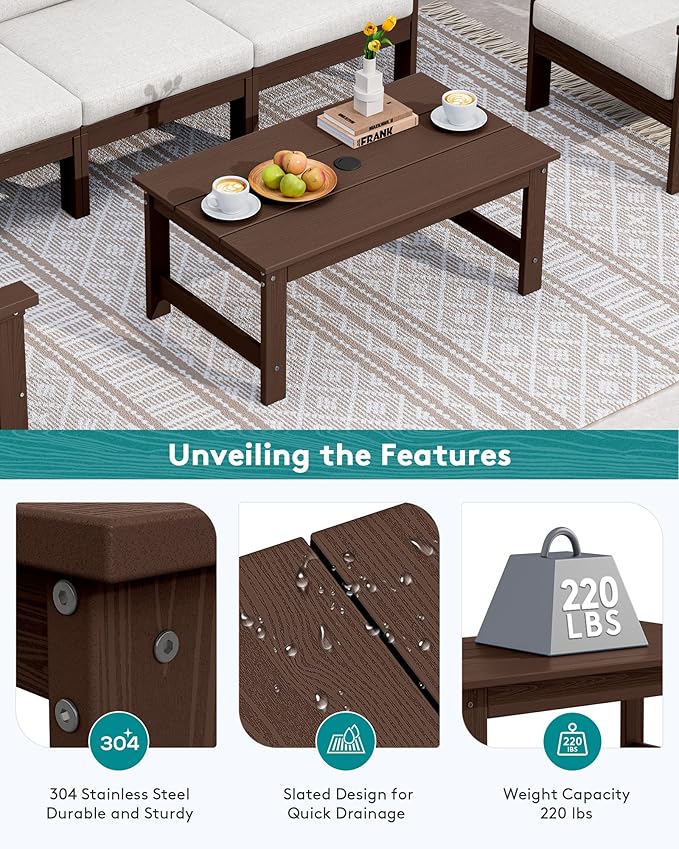 SERWALL HDPE Patio Coffee Table, Rectangle Outdoor Coffee Table, All-Weather - Image 5