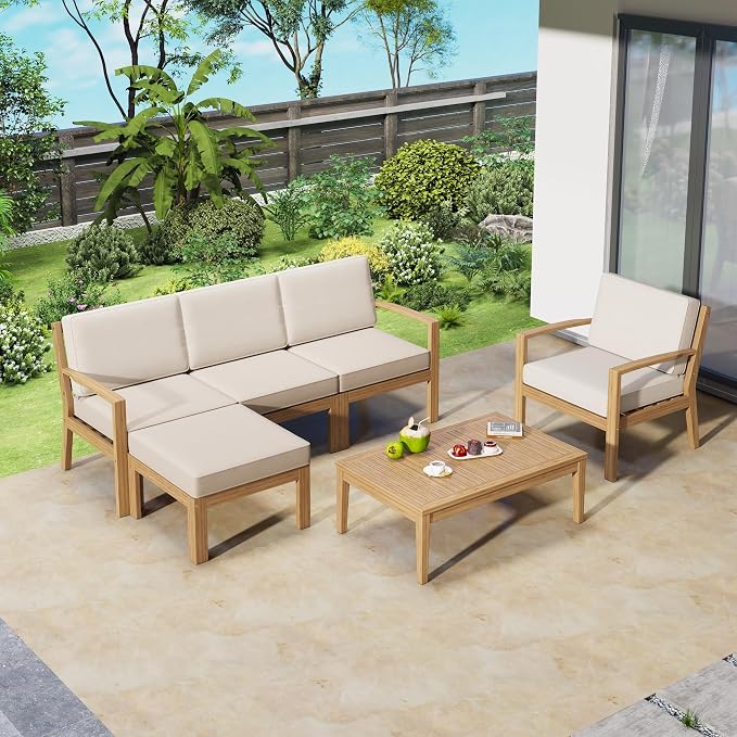 6-Piece Outdoor Patio Conversation Furniture Set, Acacia Wood Sectional Sofa Set by Unknown