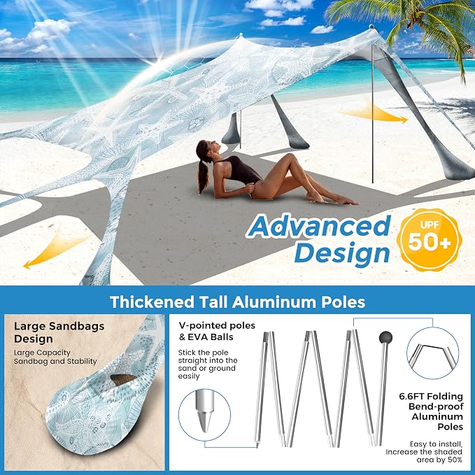 Beach Canopy Beach Tent Pop Up Shade 10x10ft Sun Shelter UPF50+ - Image 4