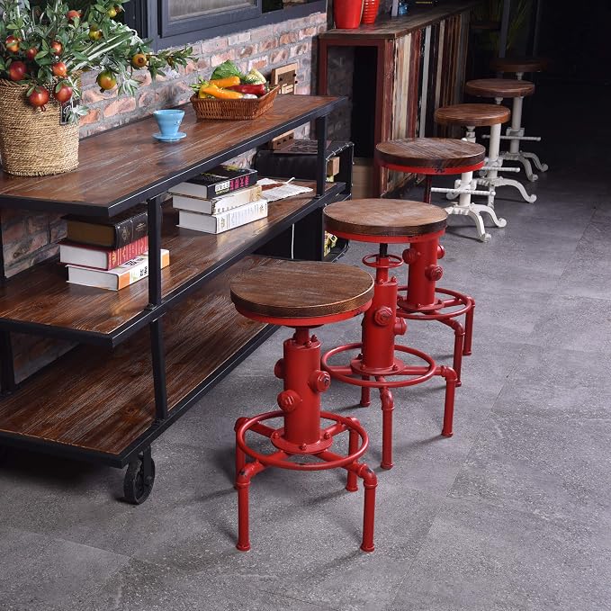 Topower Aged Antique Vintage Industrial Barstool Solid Wood Water Pipe Fire - Image 2
