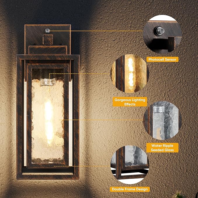 Dusk to Dawn Outdoor Wall Lantern, Water Ripple Exterior Porch Light Fixture - Image 5