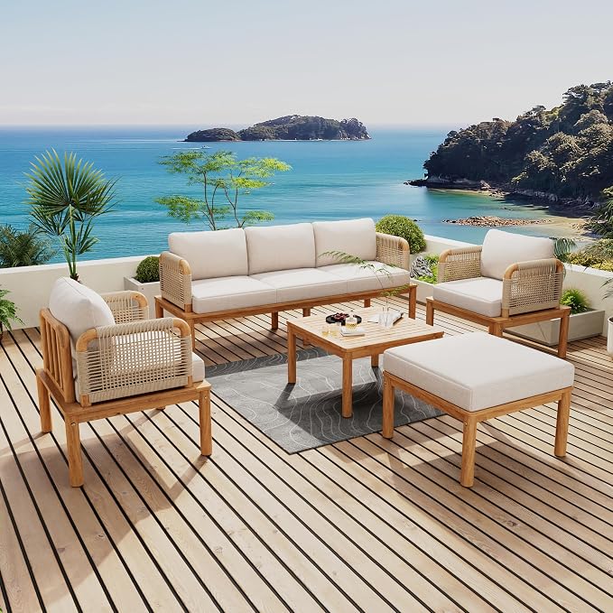 5-Piece Acacia Wood and Rope Patio Sofa Set, Outdoor Conversation Set by JIVOIT