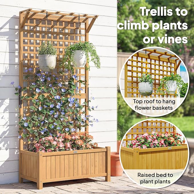Outsunny Wood Planter with Trellis, Raised Garden Bed - Image 4