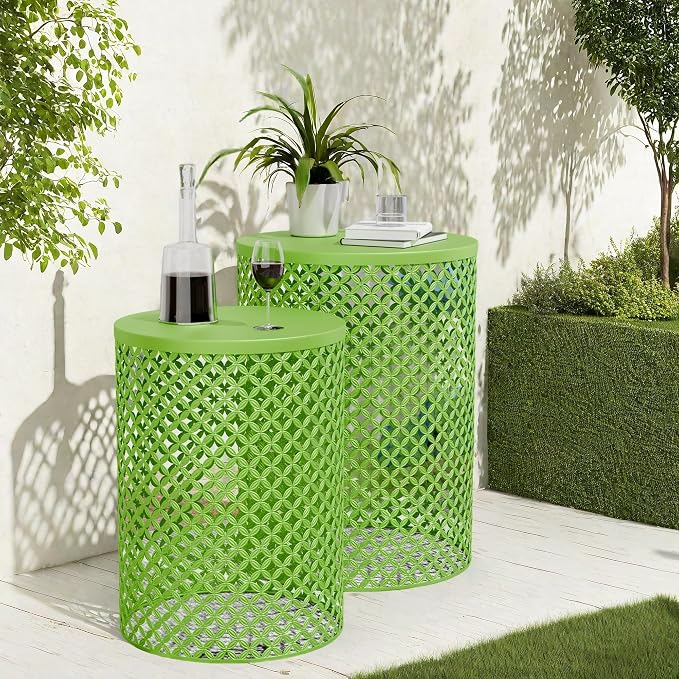 FONTOI Outdoor Side Table Set of 2, Round Patio Accent Table, Metal Frame End by FONTOI