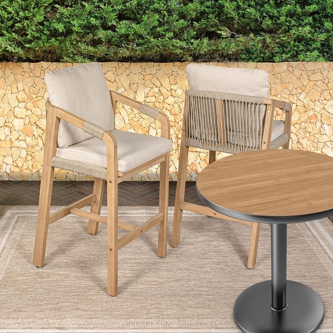 JONATHAN Y BSL1200A-SET2 Porto Modern Coastal Tub Roped Acacia Wood Outdoor Bar - Image 2