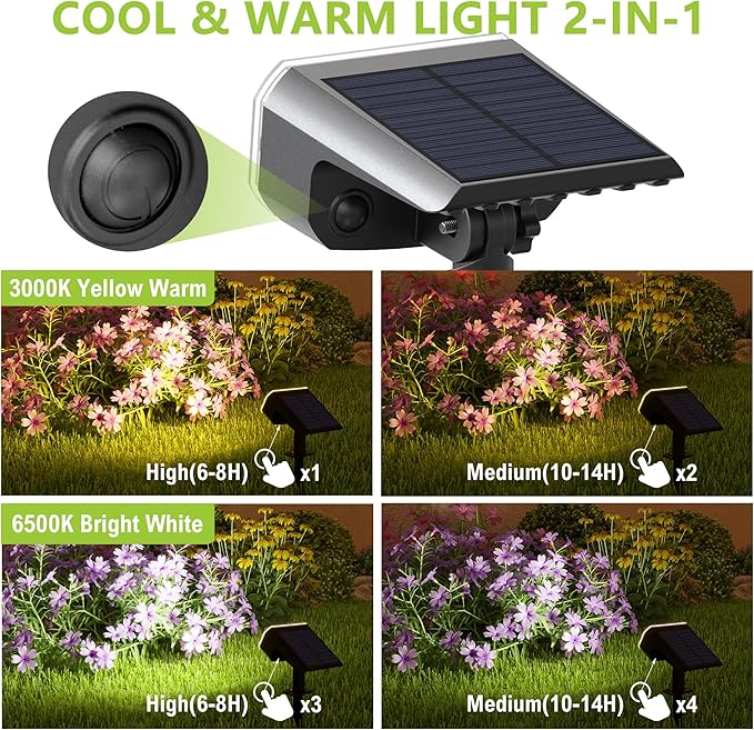 DAMINY Solar Spotlights Outdoor Waterproof IP65, 2 CCT, 4 Lighting Modes Solar - Image 2