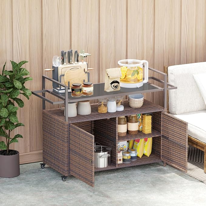Outsunny PE Rattan Outdoor Storage Cabinet, Wicker Outdoor Bar Table Kitchen - Image 9