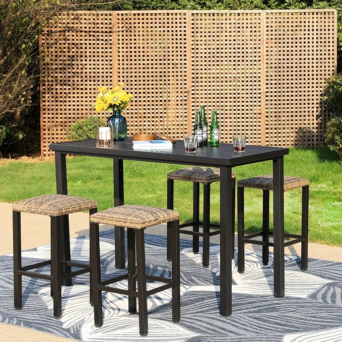PHI VILLA 5 Piece Patio Bar Set, Bar Height Outdoor Dining Set - Image 2