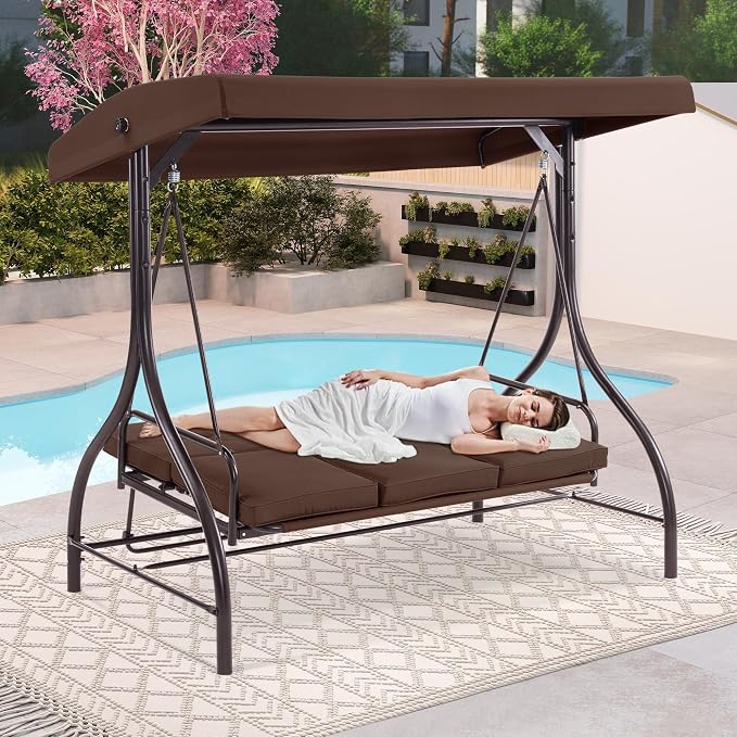 MCombo 3-Seat Outdoor Patio Swing Chair, 2-in-1 Convertible Porch Swing Glider - Image 3