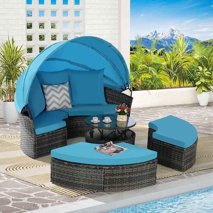 Merax 5 Pieces Outdoor Patio Round Daybed Furniture, All-Weather Wicker - Image 3