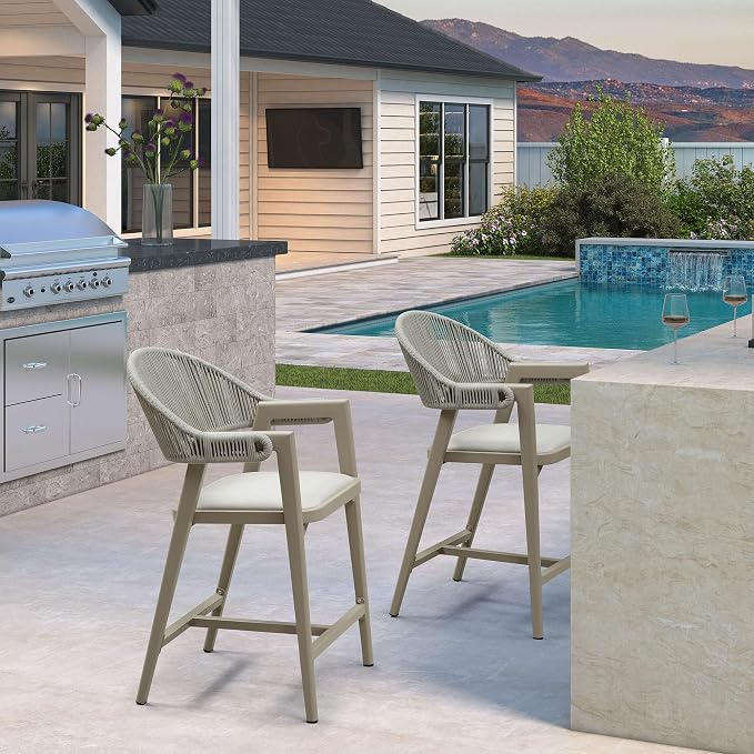 PURPLE LEAF Outdoor Counter Height Bar Stool Set of 2 Rattan Bar Chair by PURPLELEAF