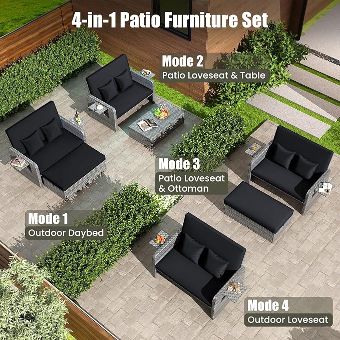 LDAILY Moccha Outdoor Daybed, Wicker Loveseat Sofa Set - Image 5