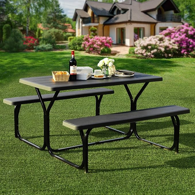 Giantex Picnic Bench Set Outdoor Camping All Weather Metal Base Wood-Like - Image 2