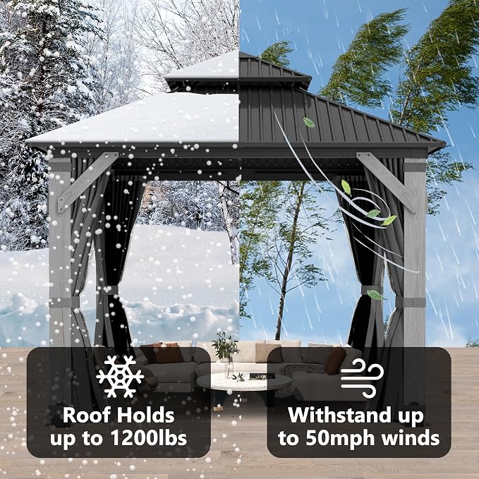 10'x10' Hardtop Wood Gazebo, Outdoor Double Roof Galvanized Steel Top Gazebo - Image 8