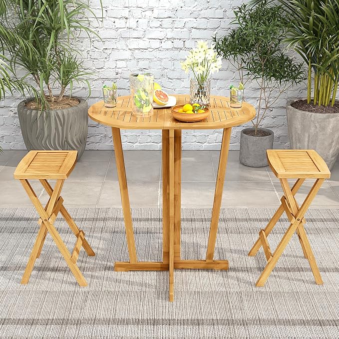 Tangkula Outdoor Teak Wood Bar Table Folding, Patio Bar Height Oval Table - Image 2