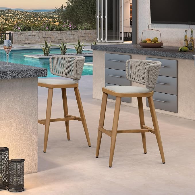 PURPLE LEAF Outdoor Bar Height Stool Set of 2 Modern Rattan Bar Chairs by PURPLELEAF