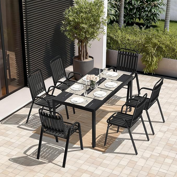 Pamapic Outdoor Dining Sets for 6, Rectangular Steel Slat Table - Image 6