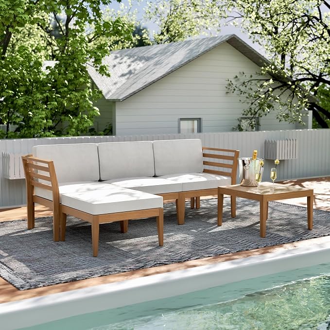 5-Piece Acacia Wood Patio Sectional Set, L-Shaped Outdoor Sofa Garden Couch - Image 9