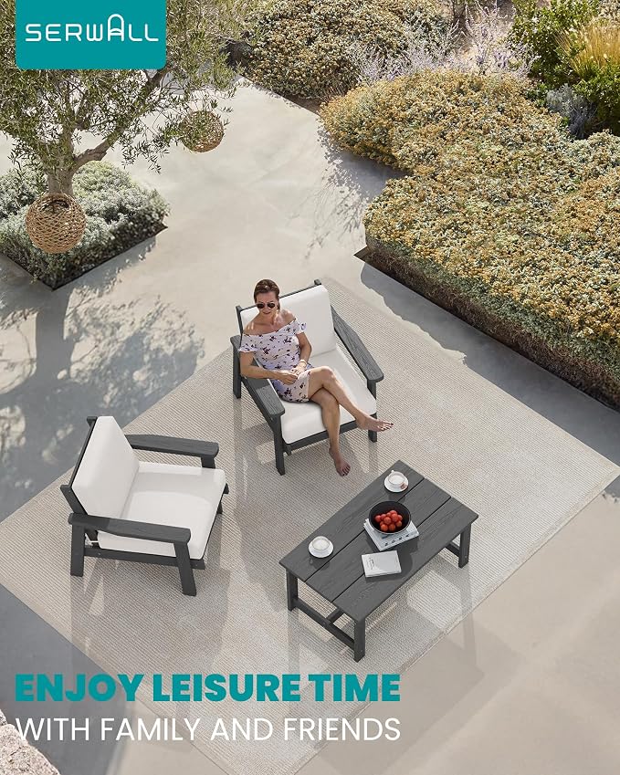 SERWALL HDPE Outdoor Couch Set of 2, All-Weather Wood-Like Patio Furniture Set - Image 2