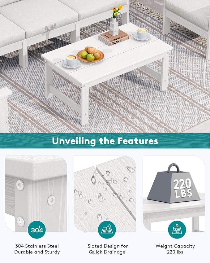 SERWALL HDPE Patio Coffee Table, Rectangle Outdoor Coffee Table, All-Weather - Image 5