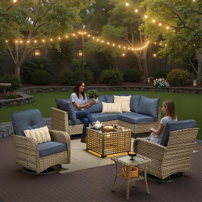 11-Piece Outdoor Sectional Sofa Set w/ 54" Fire Pit – L-Shaped Wicker Patio - Image 3