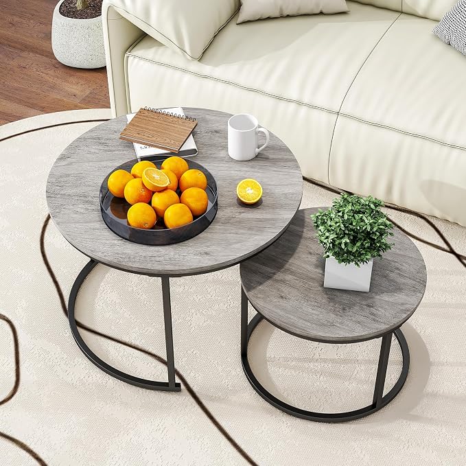 HOJINLINERO Round Coffee Table, Nesting Coffee Table Set of 2, Center Tables by HOJINLINERO