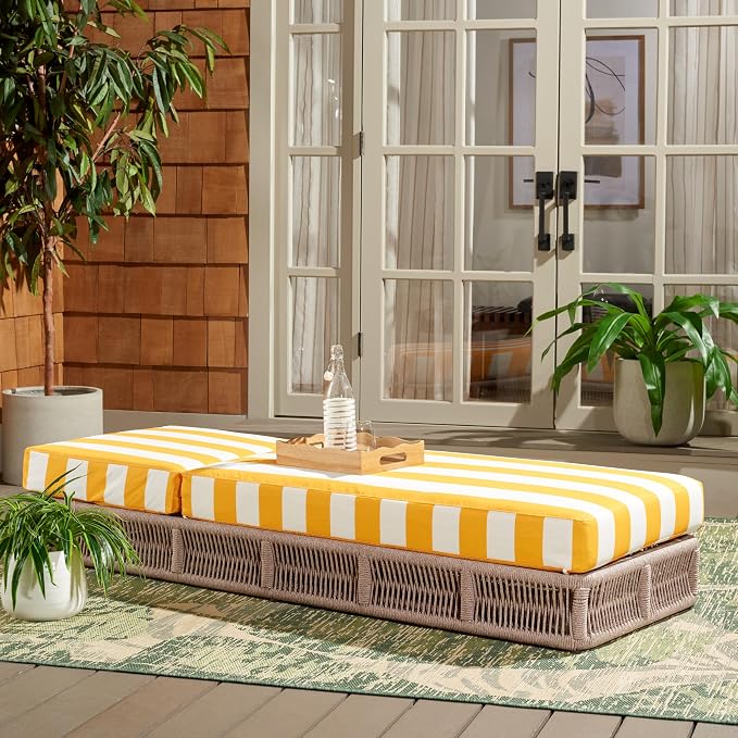 SAFAVIEH Outdoor Collection Gillian Heather Tan & Yellow Stripe Chaise Lounge - Image 10
