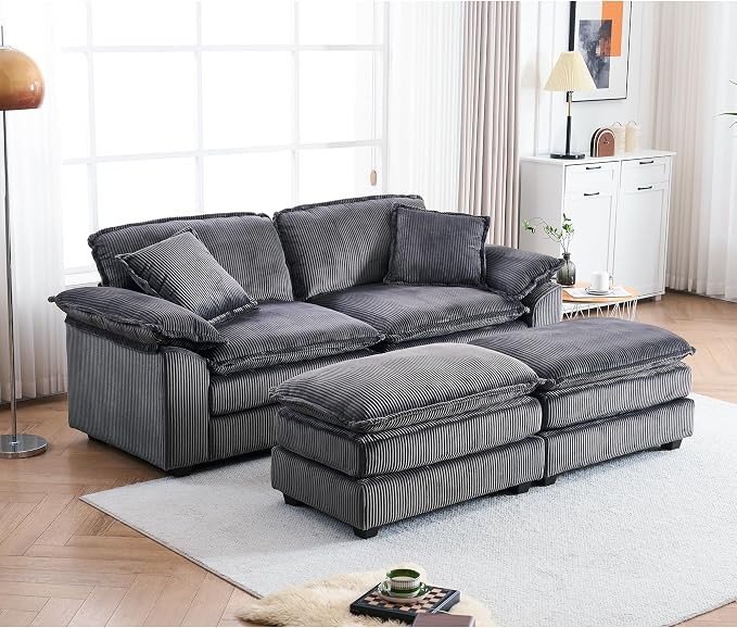 84.6” Corduroy Loveseat with Ottoman, Oversized Double Chaise Lounge Chair - Image 4