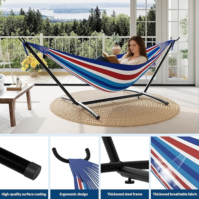 Double Hammocks with Stand for Outside, Portable Space Saving Heavy-Duty Steel - Image 3