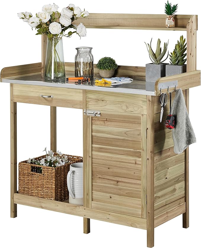 Yaheetech Outdoor Potting Bench Table, Garden Work Bench w/Metal Tabletop Work by Yaheetech